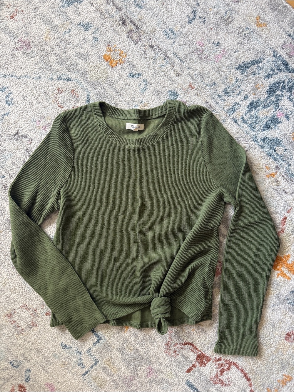 Madewell Olive Ribbed Long Sleeve Knot Front Top